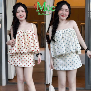 Set vấy ngắn, set Tuyết Mưa áo bí chấm bi dáng xoè mix chân váy A mini mặc hè du lịch đi chơi (QC)