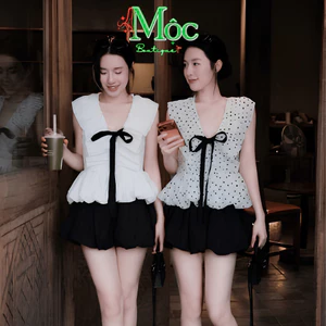 Set váy ngắn, set áo nơ bí chất Voan nhún phối chân váy Tuyết Mưa tiểu thư đồ đi du lịch xinh (MK)