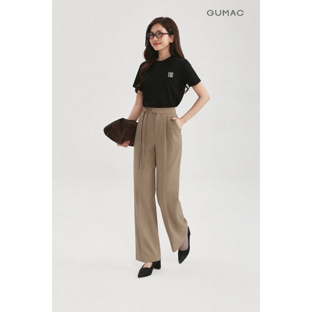 Quần Tây Nữ GUMAC Ống Suông Lưng Cao Cạp Cao Phối Dây Thắt Nơ Có Túi Thanh Lịch LQF1012 - LQG0501
