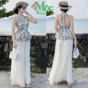 Set đi biển, set Mango hoa cúp ngực cổ yếm moking sau kèm quần Đũi vân mây rộng