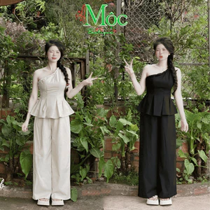 Set công sở, set đi tiệc áo dáng peplum lệch vai xếp ly xòe đan dây Xước Hàn & quần dài 2 màu