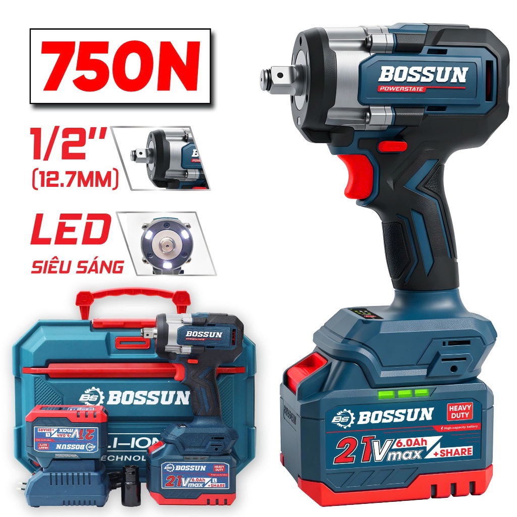 Máy Bắn Bulong Bossun BS-IW750N Siêu Khỏe, Lõi Đồng 100% Không Chổi Than Đảo chiều Máy bulonh chạy pin