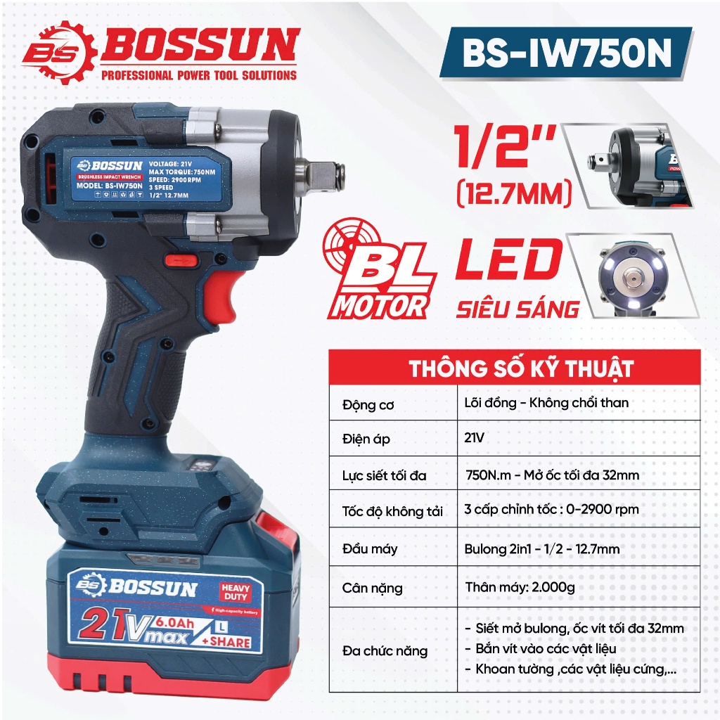 Máy Bắn Bulong Bossun BS-IW750N Siêu Khỏe, Lõi Đồng 100% Không Chổi Than Đảo chiều Máy bulonh chạy pin