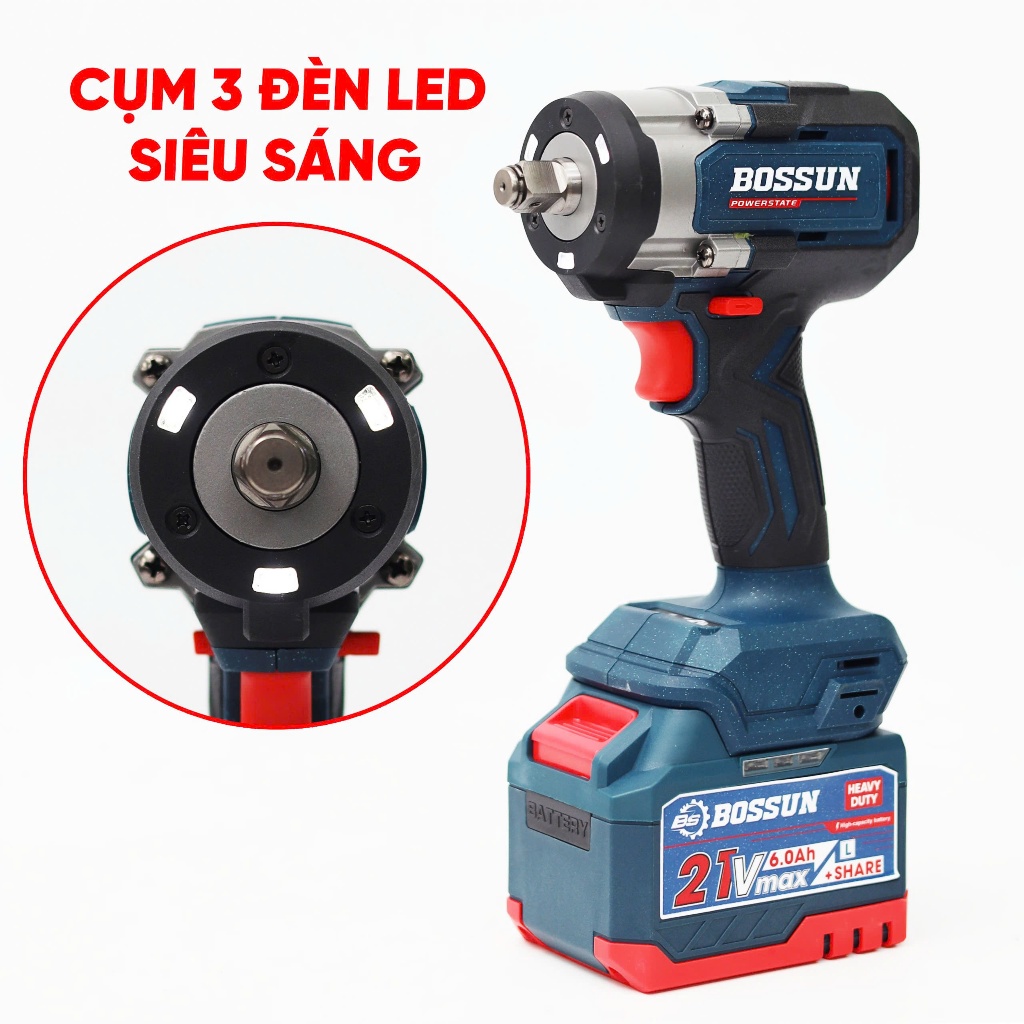 Máy Bắn Bulong Bossun BS-IW750N Siêu Khỏe, Lõi Đồng 100% Không Chổi Than Đảo chiều Máy bulonh chạy pin