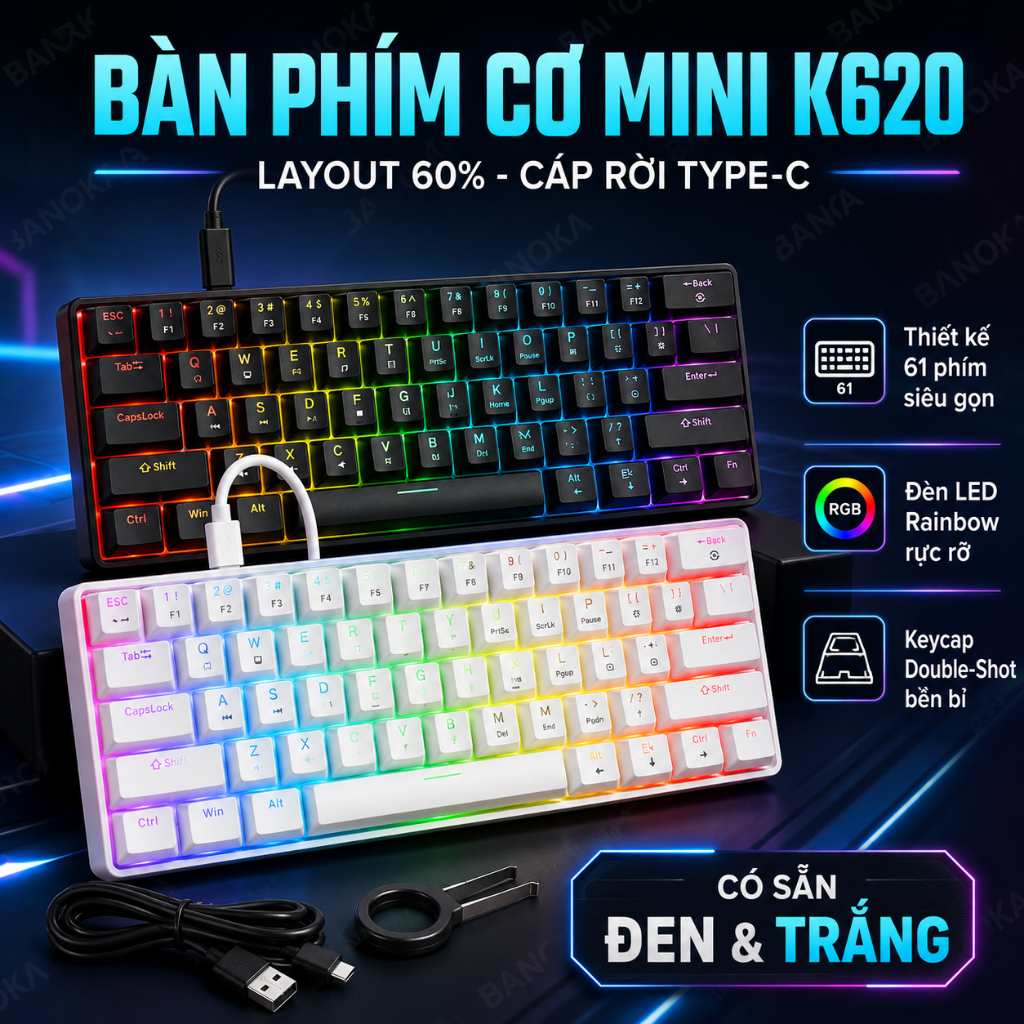 Bàn Phím Cơ Mini K61 LED RGB Type-C 61 Phím Có Dây Kèm Keypuller BH 12 Tháng - ảnh 2