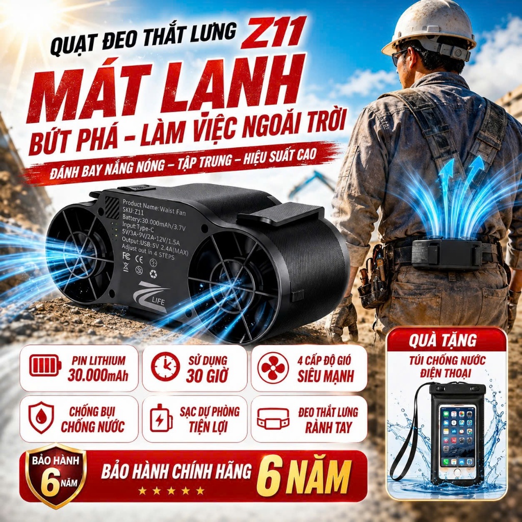 Quạt Đeo Thắt Lưng Z11 Thổi Mát Trong Áo Điều Hoà, Quạt Đeo Hông Làm Mát Siêu Nhanh Mô Tơ Phản Lực 2 Luồng Cao Cấp