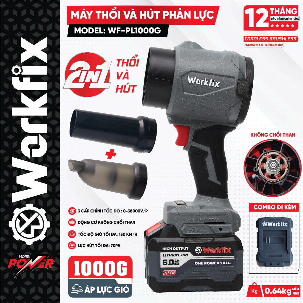 [THỔI- HÚT] Máy Thổi Phản Lực 2IN1 Workfix WF-PL1000G Động Cơ Từ Kèm Ông Thổi- Hút, Pin 15-20CEL