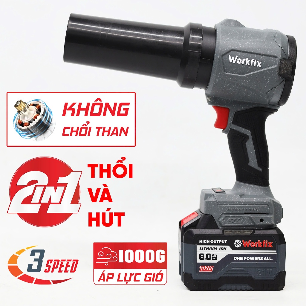 [THỔI- HÚT] Máy Thổi Phản Lực 2IN1 Workfix WF-PL1000G Động Cơ Từ Kèm Ông Thổi- Hút, Pin 15-20CEL