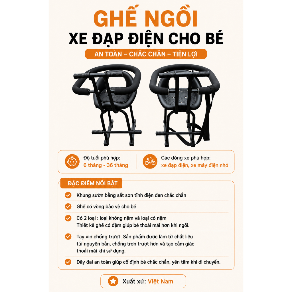 GHẾ ĐI XE ĐẠP ĐIỆN , XE MÁY ĐIỆN AN TOÀN CHO BÉ