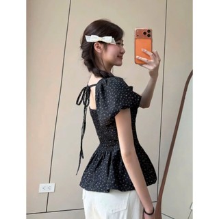 Áo baby doll hoa nhí cổ vuông tay phồng chất thô mềm, áo kiểu nữ chiết eo phong cách tiểu thư dễ phối đồ