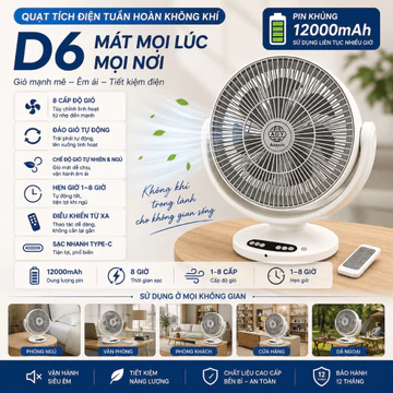 Quạt Tích Điện Tuần Hoàn Không Khí D6 12000mAh Có Remote, Quạt Đảo Gió Tự Động, 8 Cấp Gió, Hẹn Giờ, Siêu Êm