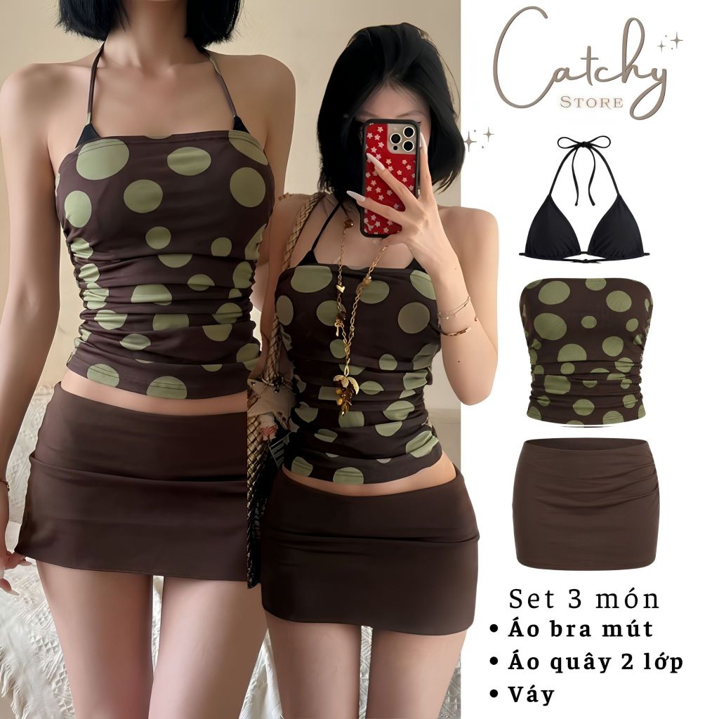 Set 3 Món Áo Ống Lưới Nhún Eo Chấm Bi Kèm Bra Có Mút Chân Váy Ngắn Cạp Trễ Y2K Đi Chơi Đi Biển CATCHYstore
