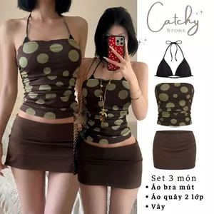 Set 3 Món Áo Ống Lưới Nhún Eo Chấm Bi Kèm Bra Có Mút Chân Váy Ngắn Cạp Trễ Y2K Đi Chơi Đi Biển CATCHYstore