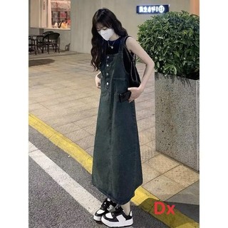 Set yếm thời trang nữ phong cách trẻ trung chất jeans dầy dặn kèm áo thun gân 3 lỗ váy dáng suông dài