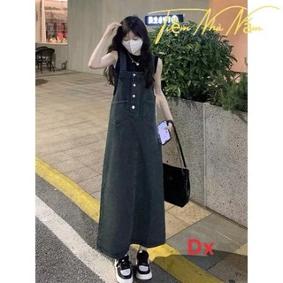 Set yếm thời trang nữ phong cách trẻ trung chất jeans dầy dặn kèm áo thun gân 3 lỗ váy dáng suông dài