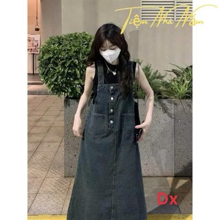 Set yếm thời trang nữ phong cách trẻ trung chất jeans dầy dặn kèm áo thun gân 3 lỗ váy dáng suông dài