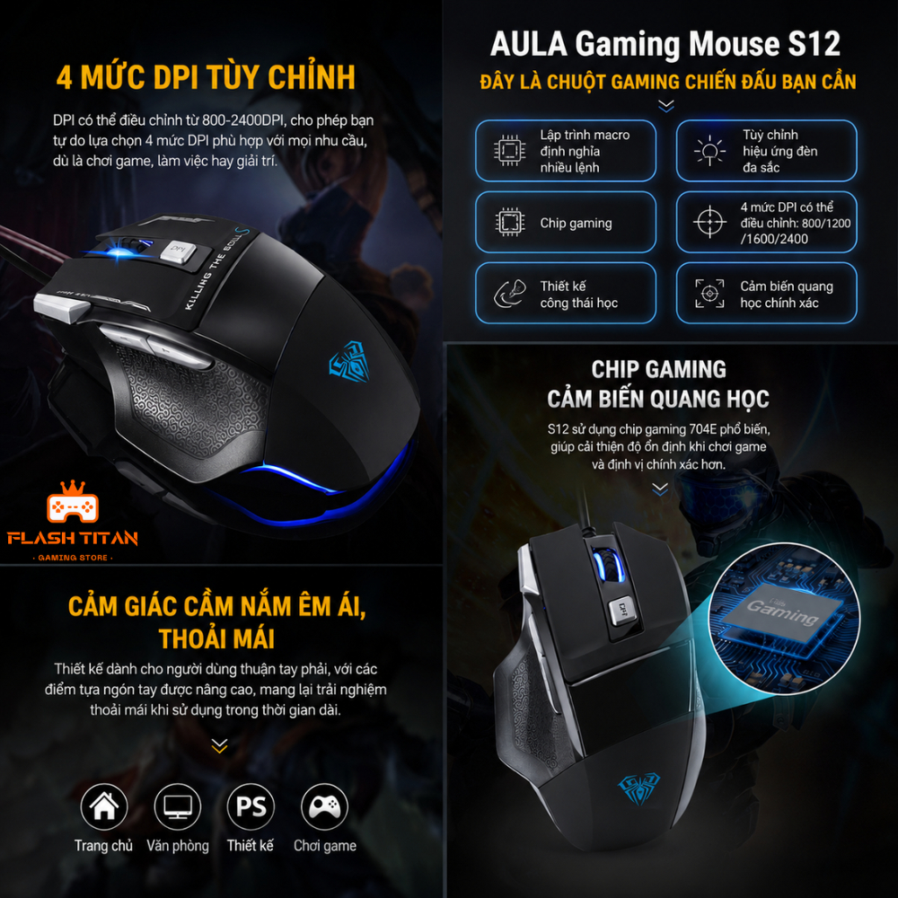Chuột gaming có dây Aula S12 - Chuột công thái học 7 nút - Không độ trễ - DPI max 4200 - Chuột gaming, văn phòng | BigBuy360 - bigbuy360.vn