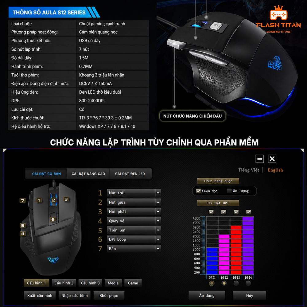 Chuột gaming có dây Aula S12 - Chuột công thái học 7 nút - Không độ trễ - DPI max 4200 - Chuột gaming, văn phòng | BigBuy360 - bigbuy360.vn