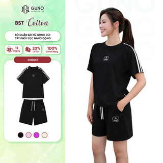Bộ quần áo Nữ GUNO cổ tròn tay phối sọc Vải Cotton thoáng mát năng động 26BG47