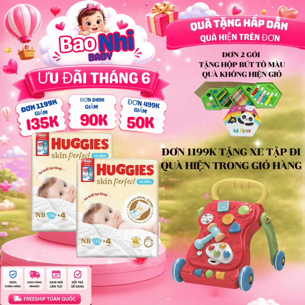Tã/Bỉm Dán Huggies Skin Perfect gói lẻ Size NB70+4/S80+2/76+3 với 2 vùng thấm hút riêng biệt