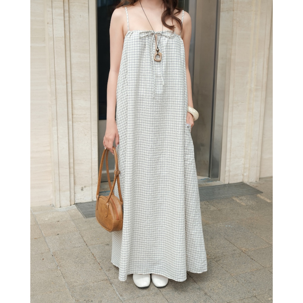 SECODEE Đầm Maxi Nữ Hai Dây Sọc Phối Nơ Vải Cotton Caro RULIK  Váy Nữ Dáng Dài Dịu Dàng FSDA2605051
