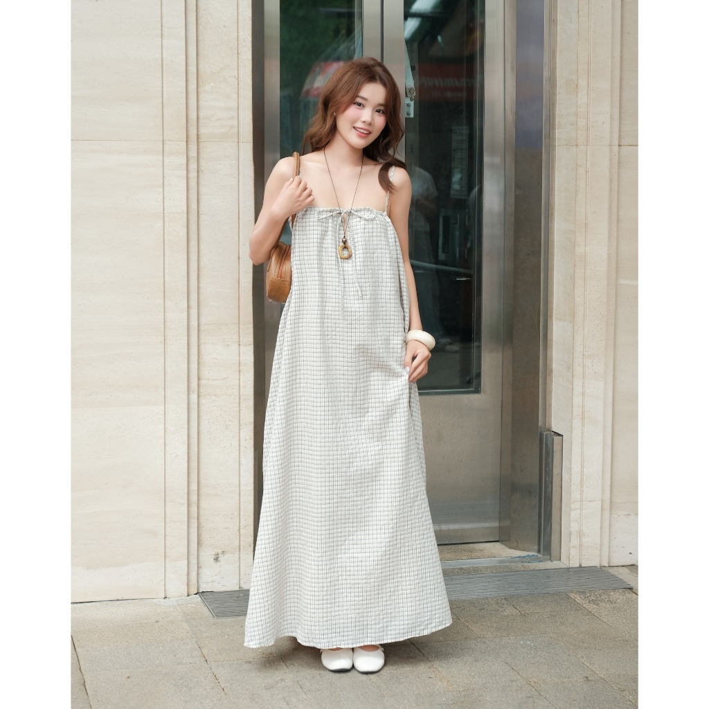SECODEE Đầm Maxi Nữ Hai Dây Sọc Phối Nơ Vải Cotton Caro RULIK  Váy Nữ Dáng Dài Dịu Dàng FSDA2605051