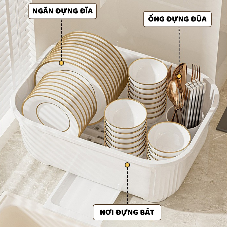 Giá Úp Chén Bát ENODA HOME, Hộp Đựng Bát Đũa Nắp Lật Kèm Khay Thoát Nước GB003