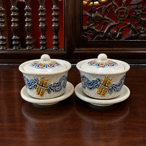 Bát đựng nước bàn thờ, Bát sâm thờ, bát nước men rạn Bát Tràng - Họa tiết sen, Họa tiết cuốn thư