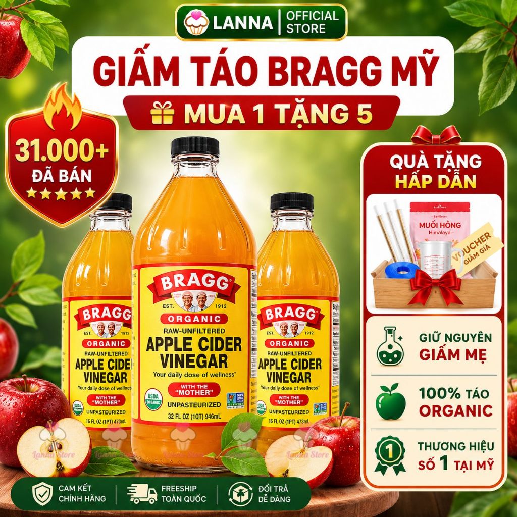 【HÀNG CHUẨN MỸ + QUÀ】Giấm Táo Hữu Cơ Bragg ORGANIC APPLE CIDER VINEGAR Có Dấm Cái -Giảm Cân Ăn Kiêng