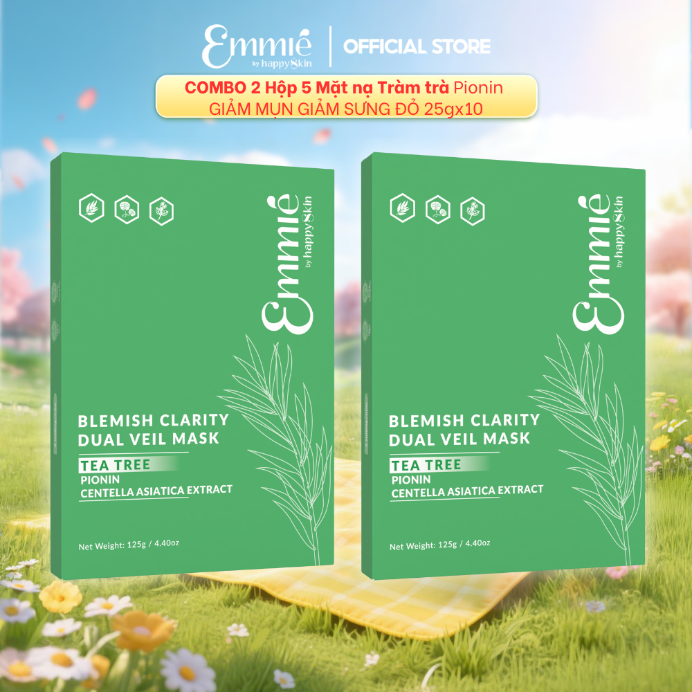 COMBO 2 Hộp 5 Mặt nạ Tràm trà Emmie Pionin Hỗ trợ giảm mụn giảm sưng đỏ 25gx10 Emmie by Happyskin