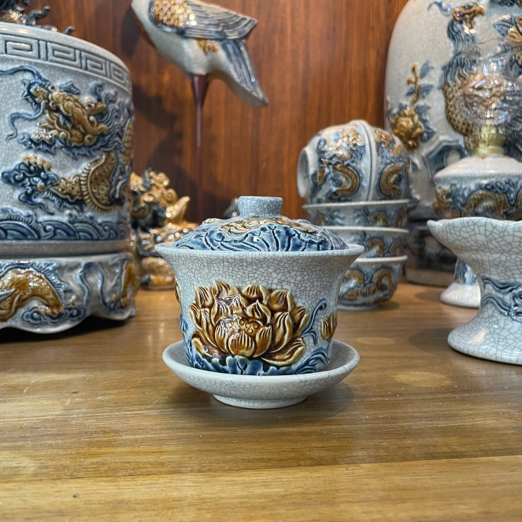 Bát đựng nước bàn thờ, Bát sâm thờ, bát nước men rạn Bát Tràng - Họa tiết sen, Họa tiết cuốn thư