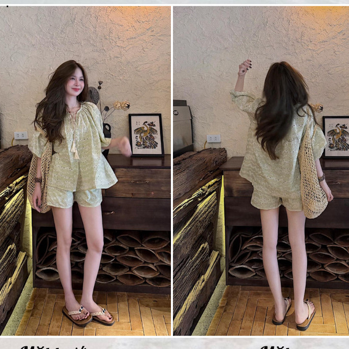 Đồ bộ nữ mặc đi chơi áo kiểu dáng rộng babydoll thêu đục lỗ phối quần short ngắn set bộ nữ xinh xắn HCOM27229