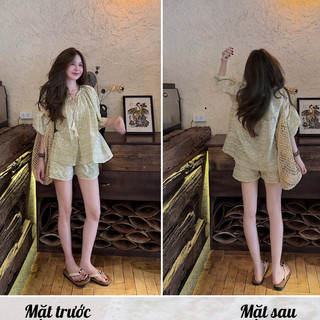 Set quần áo nữ hoa nhí thêu lỗ áo kiểu cổ nơ tay lửng quần đùi ống rộng đồ bộ nữ đi biển HCOM27229