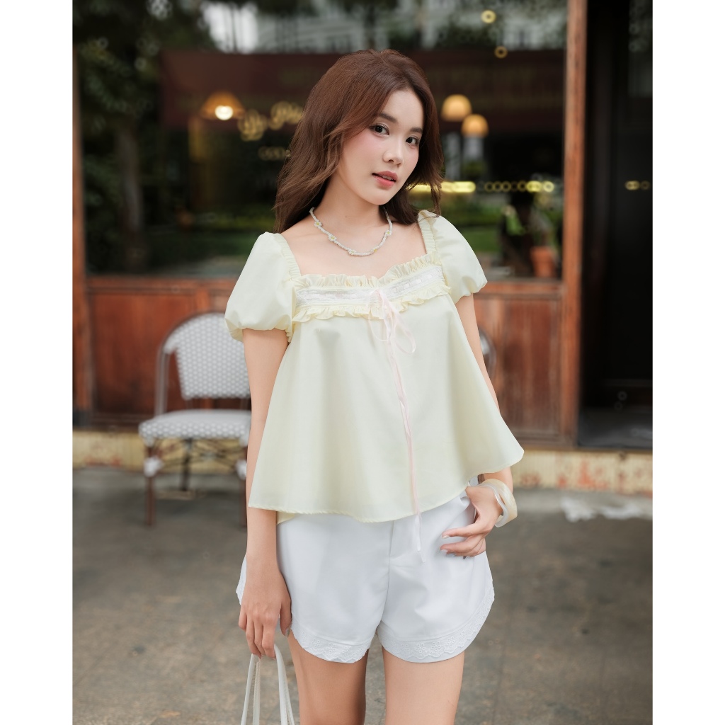 Áo kiểu Nữ SYRON TOP Cổ Vuông Phối Nơ Dáng Babydoll Dễ Thương SECODEE