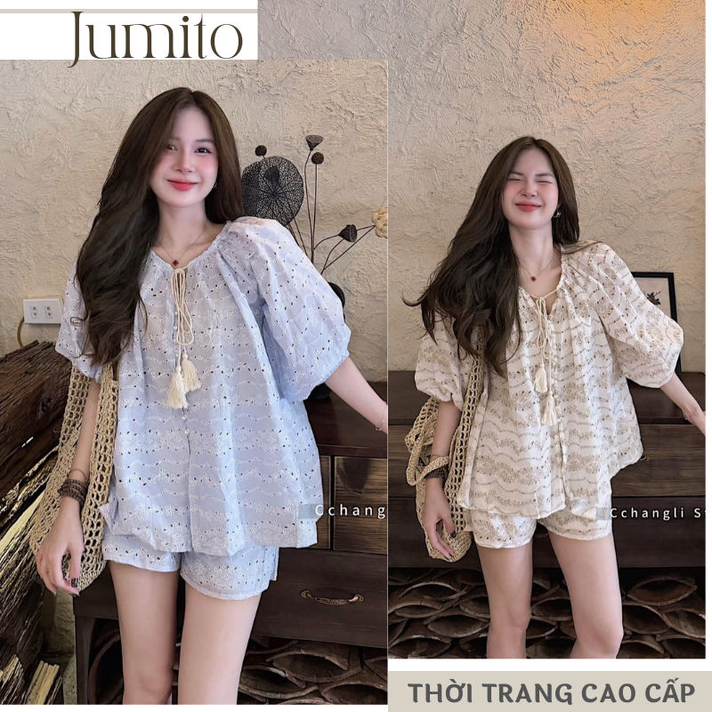 Đồ bộ nữ mặc đi chơi áo kiểu dáng rộng babydoll thêu đục lỗ phối quần short ngắn set bộ nữ xinh xắn HCOM27229
