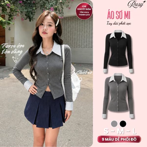 Áo Dài Tay Cổ Sơ Mi Thun Gân Tăm 2 Màu, Áo Cổ Kẻ Sơ Mi Cúc Cài Vải Gân Phối Bo Tay TD12 RUSY