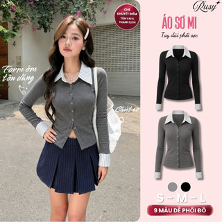 Áo Dài Tay Cổ Sơ Mi Thun Gân Tăm 2 Màu, Áo Cổ Kẻ Sơ Mi Cúc Cài Vải Gân Phối Bo Tay TD12 RUSY
