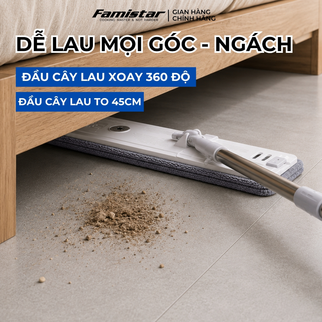 Cây lau nhà tự vắt khô 80% FAMISTAR, xoay 360 độ bản lau 45cm có đầu gạt nước tặng kèm 2 bông lau
