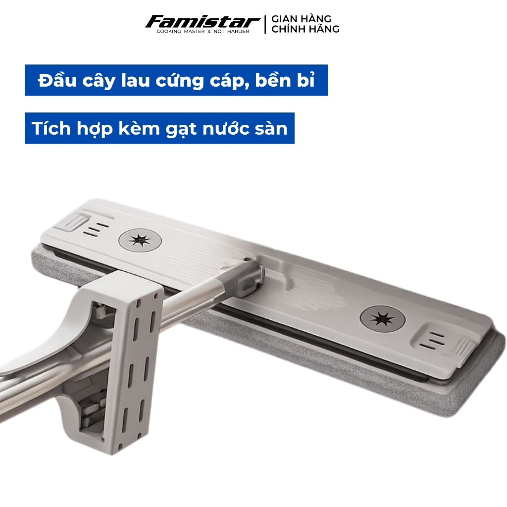 Cây lau nhà tự vắt khô 80% FAMISTAR, xoay 360 độ bản lau 45cm có đầu gạt nước tặng kèm 2 bông lau