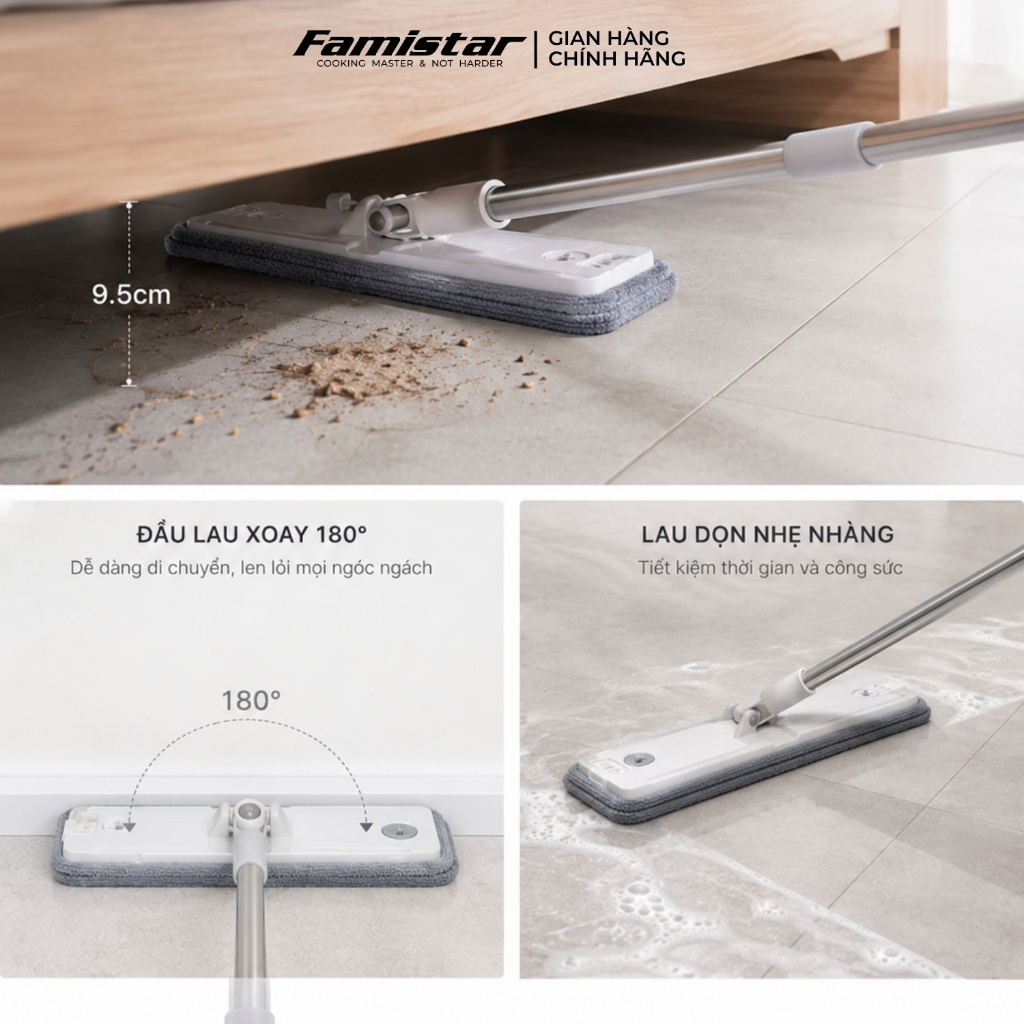 Cây lau nhà tự vắt khô 80% FAMISTAR, xoay 360 độ bản lau 45cm có đầu gạt nước tặng kèm 2 bông lau