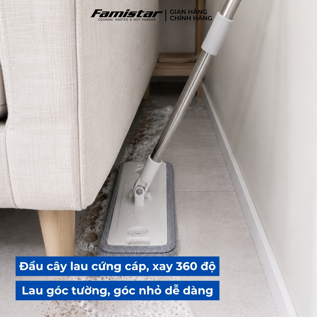 Cây lau nhà tự vắt khô 80% FAMISTAR, xoay 360 độ bản lau 45cm có đầu gạt nước tặng kèm 2 bông lau