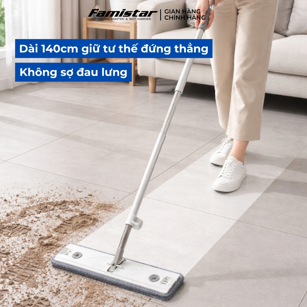 Cây lau nhà tự vắt khô 80% FAMISTAR, xoay 360 độ bản lau 45cm có đầu gạt nước tặng kèm 2 bông lau