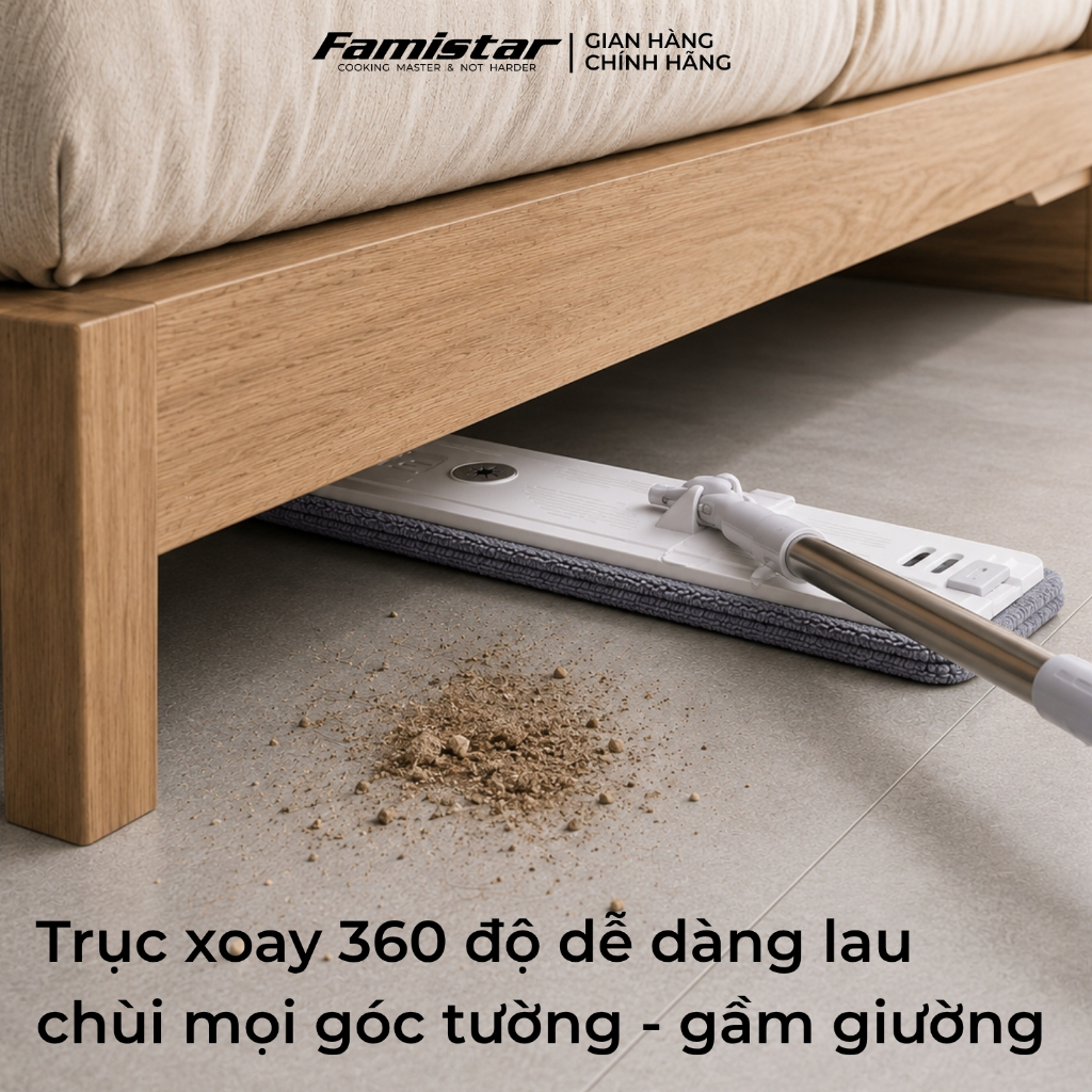Cây lau nhà tự vắt khô 80% FAMISTAR, xoay 360 độ bản lau 45cm có đầu gạt nước tặng kèm 2 bông lau