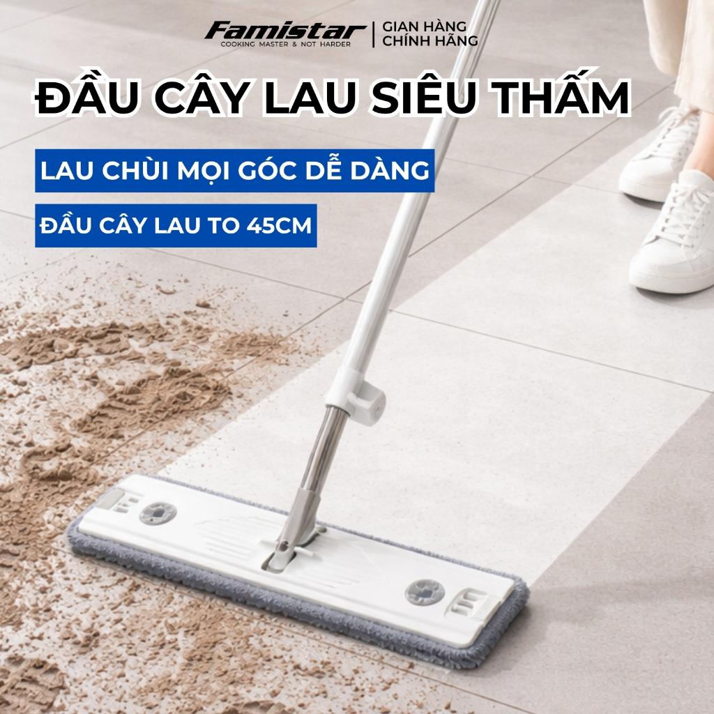 Cây lau nhà tự vắt khô 80% FAMISTAR, xoay 360 độ bản lau 45cm có đầu gạt nước tặng kèm 2 bông lau