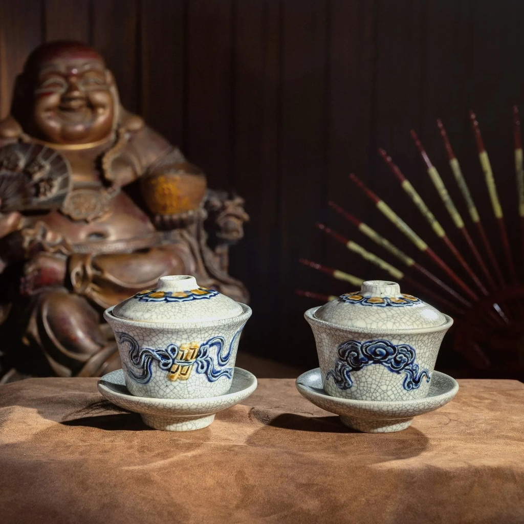 Bát đựng nước bàn thờ, Bát sâm thờ, bát nước men rạn Bát Tràng - Họa tiết sen, Họa tiết cuốn thư