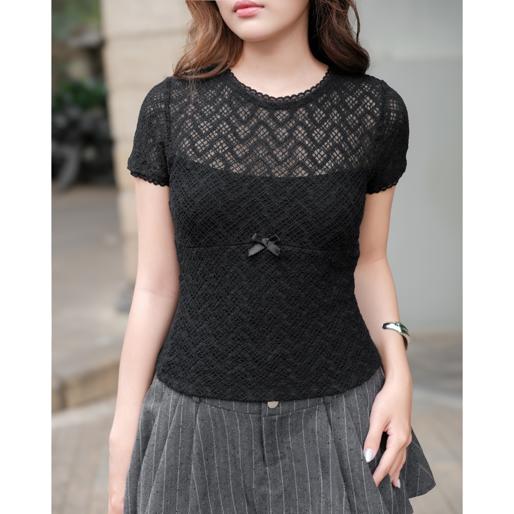 SECODEE Áo Thun Nữ Xuyên Thấu Chất Vải Thun Ren Nữ Tính CRAFTI TOP Áo Thun Ôm Body FSBA2604079