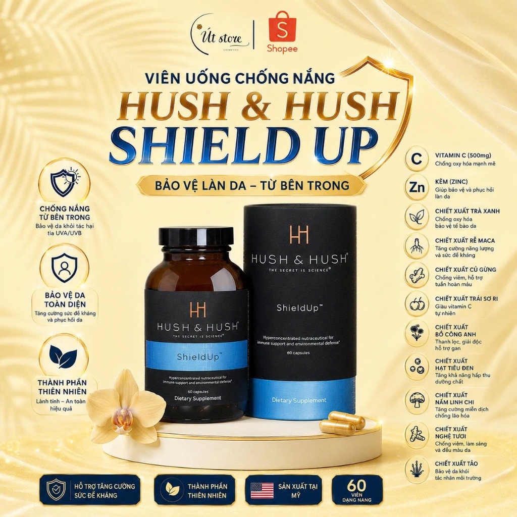 Viên uống chống nắng Shield Up Hush & Hush bảo vệ da - Hộp 60 viên