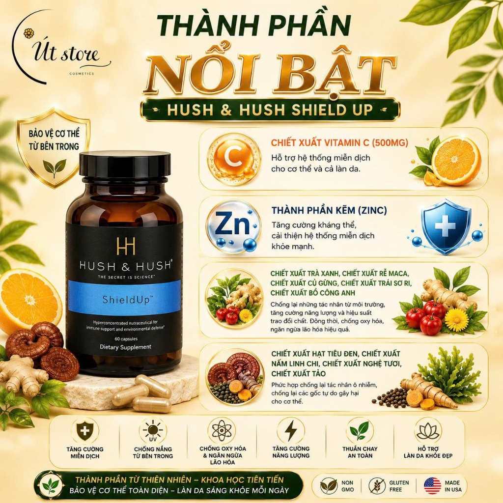 Viên uống chống nắng Shield Up Hush & Hush bảo vệ da - Hộp 60 viên