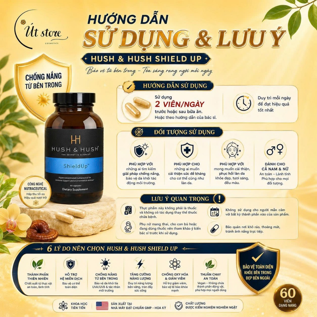Viên uống chống nắng Shield Up Hush & Hush bảo vệ da - Hộp 60 viên