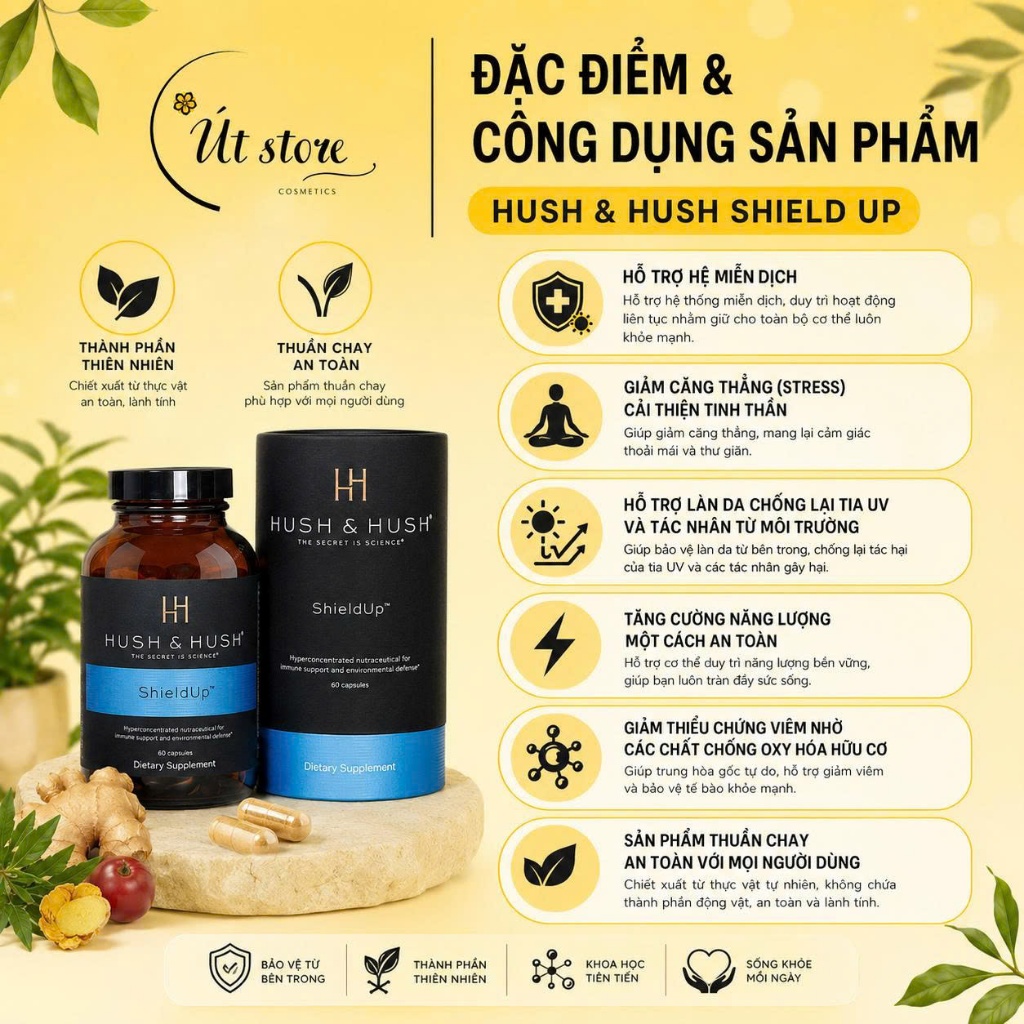 Viên uống chống nắng Shield Up Hush & Hush bảo vệ da - Hộp 60 viên